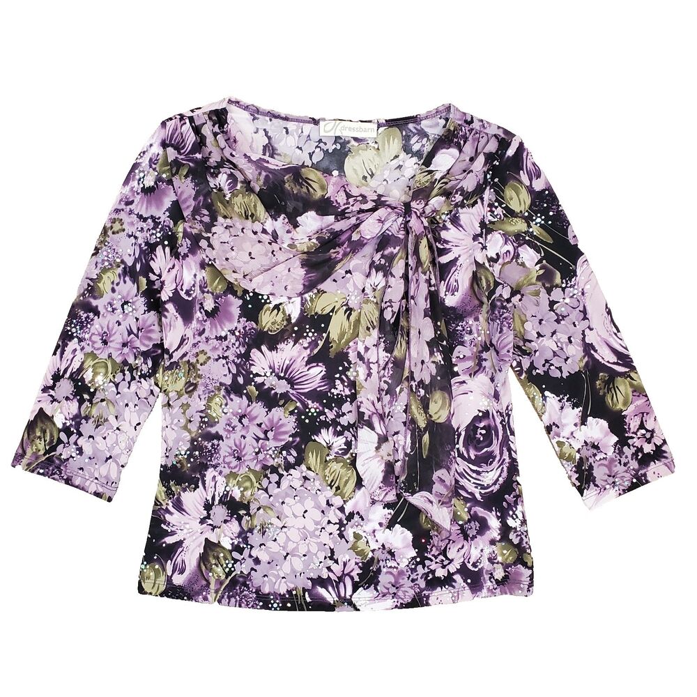 Vtg Y2K Dressbarn Purple Glitter Draped Floral Blouse S Whimsigoth Fairy Grunge